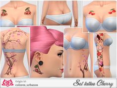 various images of the back of a woman's body with tattoos on her chest