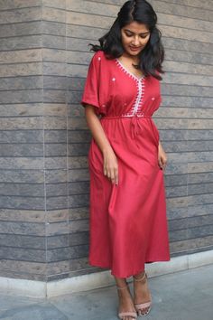 Boho dress for women, Red linen dress, Bohemian dress, Linen maxi dress, Linen kaftan, Made to order, Custom made, Plus size-Model height: 5'3" wearing size S-Length: 45"neckline has sequins work inspired by motif of Mughal art and embroidery. This kind of embroidery is called maggam.Maggam work is exquisite needlework of repeated fine chain stitches, worked in multi-coloured silk on a satin or cotton ground, is a timeless craftsmanship of 12th Century India. Flourishing in Hyderabad under the p Maxi Dress Linen, Linen Kaftan, Red Linen Dress, Dress For, Mughal Art, Boho Scarfs, Dress Bohemian, Dress Linen, Maggam Work