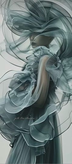 an abstract painting of a woman with long hair and flowing fabric on her body, in grey tones