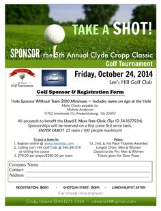 a flyer for the golf tournament with a photo of a ball in the grass and text that reads, take a shot