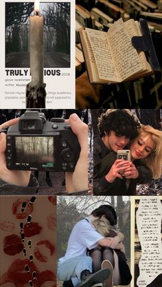 a collage of photos with an open book and a candle in the middle, surrounded by other pictures