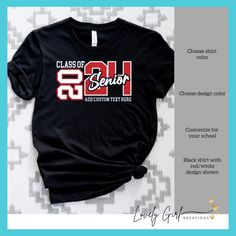 Your Senior can show their school pride with this trendy Senior shirt. Our Senior shirt features Senior Class of 2024 on the front and can be customized with colors and text.  These shirts are perfect for Senior night, Senior games and any Senior activities.    DESIGN COLOR  * Choose design color for Class of * Choose design color for 2024  HOW TO ORDER  * Select the Shirt Size & Color * Select the quantity * Click Add to Cart * For multiple items go back to the listing and repeat the steps  SIZE AND MATERIAL * The unisex t-shirts are true to size. Relaxed fit for ladies and they can order one size smaller for a further slim fit. * Solid colors are 100% cotton. * Heathers are 52% cotton 48% polyester * Pre-shrunk * All shirts are made with professional grade vinyl unless otherwise noted. * Collegiate Short Sleeve Tops For College Events, Cotton Tops For College Events, Casual Tops With Custom Print For Graduation, Casual Black Tops For College Events, Black Letter Print Shirt For Graduation, Black Crew Neck Top For College Events, School Spirit Tops For College Graduation, Graduation Cotton Tops With Text Print, Graphic Print Tops For College Events And Graduation