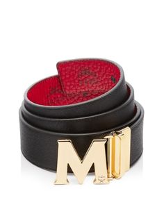 Mcm Men's Claus Reversible Belt - Ruby Red/Black/Gold Luxury Black Belts With Logo Strap, Luxury Business Belts With Logo Plaque, Luxury Black Belt With Logo Strap, Luxury Business Belt With Logo Plaque, Designer Black Belt With Logo Strap, Black Leather Belt With Logo Strap, Luxury Leather Belt With Logo Strap, Designer Belts With Metal Logo For Business, Luxury Leather Belt Buckle With Metal Logo