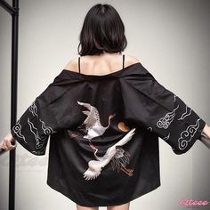 Qteee - Chic and Timeless Crane Chinese Print Kimono - Offering Sun Protection and Outerwear Functionality Kimono Jacket Pattern, Long Kimono Jacket, Printed Kimono Jacket, Japanese Jacket, Kimono Coat, Retro Jacket, Womens Kimono, Print Kimonos, Anime Boyfriend