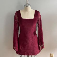 Geat For Fall! Mini Burgundy Dress Size Large - 10/12 New With Tags, Only Worn To Try On. Corduroy Fabric With Sheer Polka Dot Bell Sleeves. Zipper Back, 2 Hidden Pockets At Waist. Short Bell Sleeve Dress, Fall Square Neck Dress For Date Night, Fitted Mini Dress With Square Neck For Fall, Unique Vintage Dresses, Fall Mini, Corduroy Fabric, Burgundy Dress, Bell Sleeve Dress, Large Size Dresses