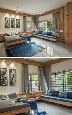 two pictures of a living room with couches, windows and rugs on the floor