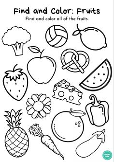 fruit and vegetables coloring page with the words find and color fruits