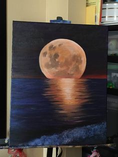 a painting of a full moon reflecting in the water