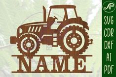 a tractor with the word name on it is shown in front of a green background