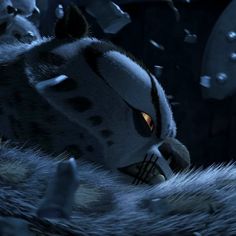 an animated cat with glowing eyes and fur on it's back, in the dark