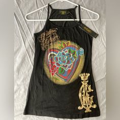 Vintage Christian Audigier Studded Black/Gold Tank Spaghetti Strap, Scoop Neck, Cami Cotton/Spandex Blend, Super Soft & Silky Size L Nwt Fitted Graphic Print Camisole Top, Christian Audigier, Gold Style, Cotton Spandex, Spaghetti Strap, Scoop Neck, Spaghetti, Womens Tops, Spandex