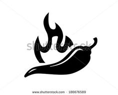 black and white illustration of a hot pepper on fire with flames in the background,