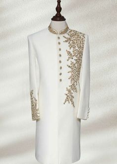 White Sherwani, Dark Blue Wedding, Bridal Couture Week, Golden Embroidery, Sherwani For Men