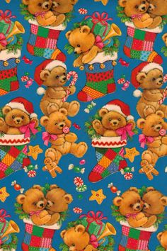 a blue background with teddy bears wearing christmas hats, stockings and presents on it's feet