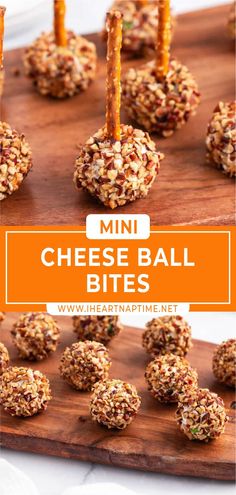 mini cheese ball bites on a cutting board with carrot sticks in the middle and text overlay that reads, mini cheese ball bites