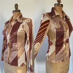 Great print on this 1970s top! Fitted Patterned Printed Shirt, Brown Vintage Print Top For Spring, Fitted Graphic Print Blouse For Fall, Fall Retro Blouse, Patterned Graphic Print Button-up Blouse, Retro Patterned Printed Shirt, Fitted Graphic Print Button-up Top, Brown Graphic Print Button-up Top, Retro Vintage Print Blouse For Fall