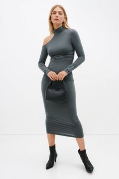 #Slate Grey Long Sleeve Lbd, Mock Neck Midi Dress, Sweatshirt Fabric, Dress With Long Sleeves, Slate Grey, Cutout Dress, Grey Women, Strappy Heels, Mock Neck