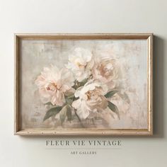 a painting hanging on the wall above a vase with flowers in it and an inscription below that reads, fleur vie vintage art gallery