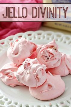 pink jello desserts on a white plate with text overlay that reads jello divinity