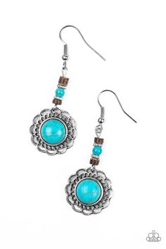 Dainty silver, white stone, and wooden beads give way to a shimmery silver floral frame featuring a turquoise stone center for a seasonal look. Earring attaches to a standard fishhook fitting. Sold as one pair of earrings. P5SE-MTXX-061XX Blue And White Earrings, Turquoise Stone Earrings, Floral Frame, Fish Hook Earrings, Paparazzi Accessories, Paparazzi Jewelry, Affordable Jewelry, White Earrings, Floral Earrings