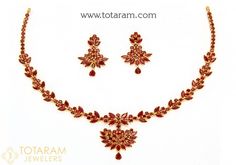 22 Karat Gold Ruby Necklace & Drop Earrings Set 235-GS3596 - in 30.250 Grams for USD $3.00. Made in India by Totaram Jewelers this product is in 22 Karat BIS Hallmark 916 Gold & is an exellent gift for Adult - Women. Ships fully insured & secured guaranteed delivery for free with your order over $250 from New Jersey USA with 30 days exchange policy. Formal 22k Gold Red Jewelry, Formal Red 22k Gold Jewelry, Gold Ruby Temple Necklace For Formal Occasions, Formal Gold Temple Necklace With Ruby, Formal Ruby Temple Necklace For Festivals, Formal Gold Ruby Temple Necklace, 22k Gold Red Jewelry, Light Weight Ruby Necklace, Gift Ruby Temple Necklace In Yellow Gold