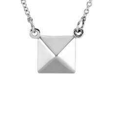 Change Up Your Look With This Eye-Catching 14k White Gold 16.25-Inch Necklace Featuring A Polished Pyramid Design That Is Approximately 10mm (3/8 Inch) Square. The Attached Solid Cable Chain Is 1mm In Width And Closes With A Spring Ring Clasp. Black Bow Item Number: N11051 Pyramid Design, Pyramid Necklace, Bow Jewelry, Disc Pendant, Small Pendant, Shell Pendant, Jewelry Companies, Black Bow, Gold Design