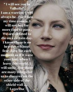 a woman with long white hair and blue eyes is looking at the camera, with a quote