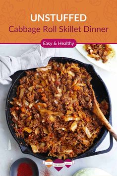 A skillet of unstuffed cabbage roll casserole made with ground beef. Cabbage Roll Skillet, Deconstructed Cabbage Rolls, Lazy Cabbage Rolls, Easy Cabbage Rolls, Unstuffed Cabbage Rolls, Unstuffed Cabbage, Cabbage Roll, Plant Based Recipes Easy, Healthy Vegetable Recipes