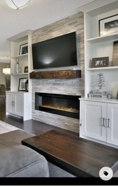 a living room filled with furniture and a flat screen tv mounted on the wall above a fireplace