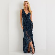 Nwot You'll Have Everyone Fascinated With Your Effortless Entrance In The Lulus Enchanting Impression Teal Blue Floral Velvet Ruffled Maxi Dress! Elegant Woven Chiffon, With An Ethereal Burnout Velvet Floral Motif Throughout, Shapes A Surplice Neckline, Wide Tank Straps, And A Lightly Gathered Bodice With An Alluring, Deep V-Back. Ruffle-Trimmed Skirt Features Gathering At The Fitted Waist Before Falling To An Asymmetrical, High-Low Silhouette That Ends At A Maxi Hem. Hidden Back Zipper/Clasp. Maxi Dress Elegant, Gathered Bodice, Burnout Velvet, Eve Dresses, Surplice Neckline, Ruffled Maxi Dress, Lulu Dresses, Neck Ruffle, Dress Elegant