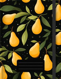 a book cover with pears and green leaves on it, in front of a black background