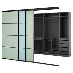 an open closet with drawers and shelves on each side, next to a closed sliding door