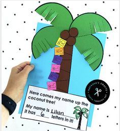 a hand holding up a palm tree cutout with name tags attached to it and the words here comes my name up the coconut tree