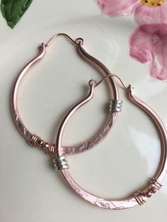 Copper Hoop Earrings Rustic Earrings Hammered Copper Boho Rose Gold Small Hoop Earrings, Nickel Free Copper Hoop Earrings, Handmade Rose Gold Hoop Jewelry, Rose Gold Hoop Jewelry, Artisan Rose Gold Metal Jewelry, Artisan Metal Hoop Jewelry, Elegant Silver Hoop Earrings With Copper, Rose Gold Metal Hoop Earrings For Pierced Ears, Rose Gold Metal Hoop Earrings