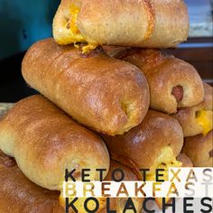 a stack of breakfast rolls sitting on top of each other with the words keto texas breakeast kolaches