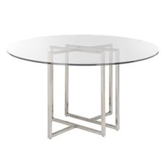 an oval glass table with metal legs and a clear top, on a white background