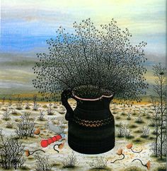 a painting of a black vase with flowers in it on a snowy ground next to trees