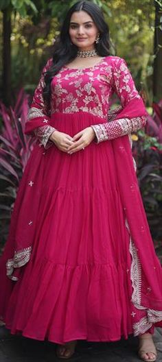 Pink and Majenta color Gown in Georgette fabric with Embroidered, Resham, Sequence work Resham Work, Party Wear Gown, Sequence Work, Georgette Fabric, Party Wear, Festival, Pink, Fabric, How To Wear