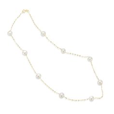 As elegant as can be, this pearl necklace takes any look up a notch. Fashioned in warm 14K gold, this stylish design is adorned with lustrous 7.0-7.5mm freshwater cultured pearls stationed along a sleek mirror link chain. Dressed up or down, this style is a delight. Polished to a brilliant shine, this 18.0-inch necklace secures with a spring-ring clasp. Refined Akoya Pearl Necklace With Pearl Chain, Refined Yellow Gold Pearl Necklace, Refined Akoya Pearl Necklace, Elegant Akoya Pearl Necklace In Yellow Gold, Elegant Yellow Gold Akoya Pearl Necklace, Formal Akoya Pearl Necklace With Pearl Chain, Refined Yellow Gold Akoya Pearl Necklace, Delicate Akoya Pearl Necklace For Formal Occasions, Fine Jewelry Akoya Pearl Chain Necklace