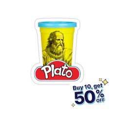 a plastic cup with a sticker on it that says plato buy 10 get 50 % off