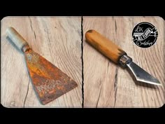 two different pictures of a knife on top of a wooden table next to each other