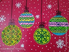 christmas ornaments painted on a red background with snowflakes