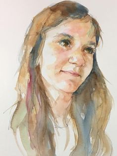 a watercolor painting of a woman with long hair