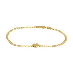 "This 14k gold bracelet is the perfect blend of classic and fashionable, featuring a polished heart charm. This 14k gold bracelet is the perfect blend of classic and fashionable, featuring a polished heart charm. Adjustable length: 6.25, 6.75, 7.25 in. Chain: curb Clasp: lobster claw Metal: 14k gold Finish: polished Nickel free Packaging: boxed Size: 7.25"". Color: Yellow. Gender: female. Age Group: adult." Classic Gold Heart Bracelet, Classic Heart Charm Bracelet, 14k Gold Charm Bracelet For Anniversary, Heart-shaped 14k Gold Charm Bracelet, Classic Bracelets With Heart Charm, Classic Formal Bracelet With Heart Charm, Everyday Yellow Gold Heart Charm Bracelet, Classic Heart-shaped Bracelets With Polished Finish, Classic Heart Jubilee Bracelet For Anniversary