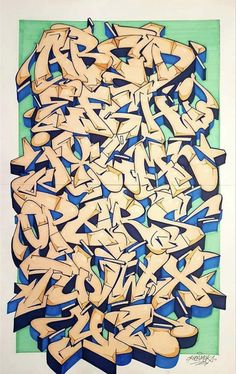 an abstract painting with blue and green paint on it's edges, in the shape of letters