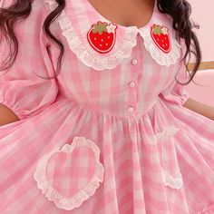 Cute Dress With Lace Trim And Doll Collar, Sweet Gingham Dress With Ruffles, Cute Pink Dress With Lace Collar, Cute Pink Dress With Peter Pan Collar, Sweet Short Sleeve Dress With Lace Trim, Feminine Pink Dress With Peter Pan Collar, Sweet Pink Strawberry Print Dress, Spring Cute Dresses With Lace Collar, Cute Long Sleeve Gingham Dress