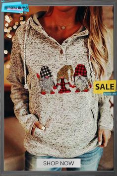 Christmas Print Button Pockets Hoodie Casual Fall Hoodie With Buttons, Casual Hoodie With Buttons For Fall, Winter Cotton Sweatshirt With Buttons, Casual Sweatshirt With Buttons For Fall, Casual Buttoned Sweatshirt For Fall, Casual Christmas Hoodie Top, Winter Sweatshirt With Buttons, Cotton Hoodie With Buttons For Fall, Long Sleeve Sweatshirt With Buttons For Winter