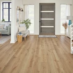 a living room filled with furniture and a wooden door in the middle of it's floor