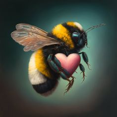 a painting of a bee holding a heart