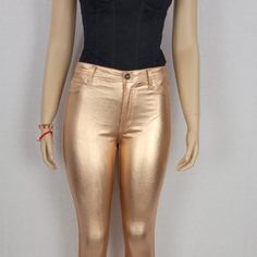 * High Waist Rose Gold Jeans * This Jeans Is Good For Women Of All Ages * Besides Classic Very Stylish * Good For Going To Parties, Club, Dining Out And Other Occasions. * Skinny Fit Trendy Gold Bottoms For Parties, Chic Fitted Gold Bottoms, Chic Gold Fitted Bottoms, Trendy Metallic Summer Pants, Gold Pants For Night Out In Summer, Gold Fitted Casual Pants, Casual Fitted Gold Pants, Spring Stretch Gold Pants, Chic Metallic Pants For Summer